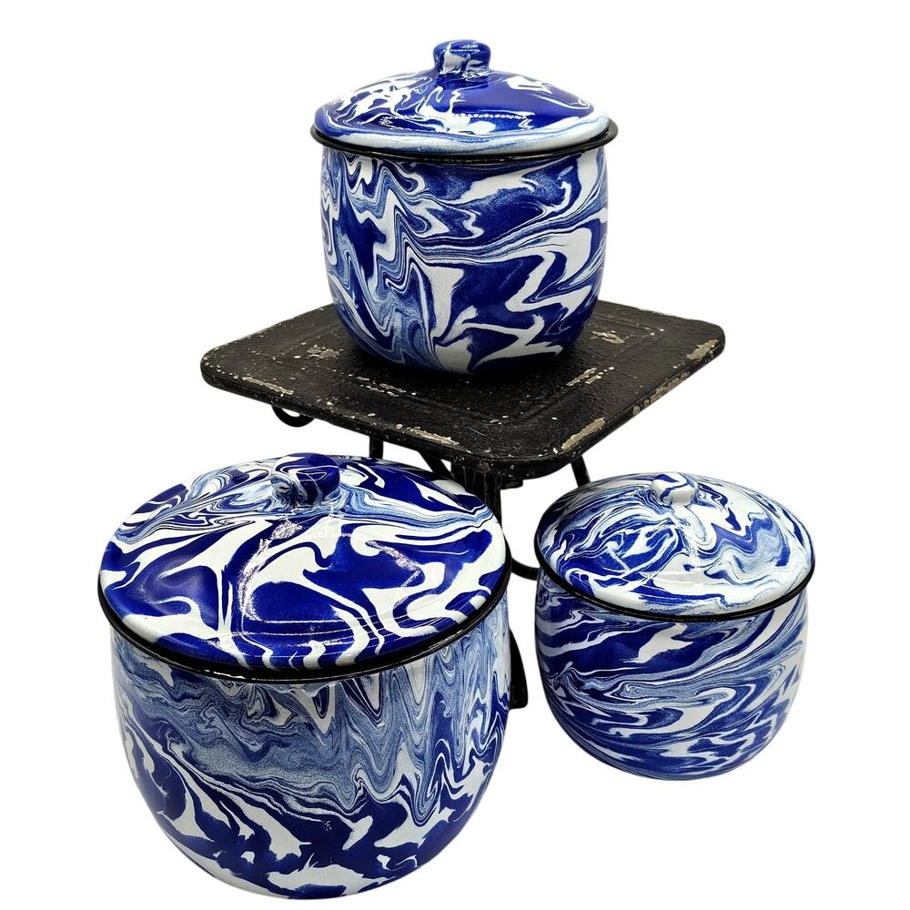 Blue White Swirl Enamelware Canister Set 3 Piece Vintage Style Kitchen Storage